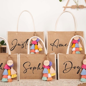 Bridesmaid Gift Bag with charm Personalized,Custom Burlap gift Bag,Beach tote bag,Bachelorette Party,Bridal shower bag,Bridesmaid Proposal
