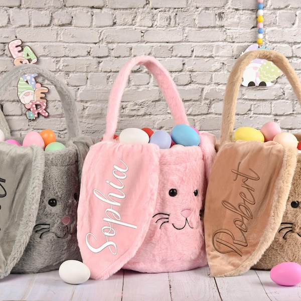 Cesta de Páscoa personalizada, Cesta de Páscoa de pelúcia bordada, Cesta infantil de coelho com nome, Cesta para caça aos ovos de Páscoa, Balde de Páscoa, Presente de Páscoa para crianças