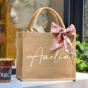 Sacs fourre-tout de demoiselle d’honneur, sac en toile de jute personnalisé avec écharpe, sac fourre-tout de plage Monogram, sac de mariage, sacs de fête de célibataire, cadeaux de fête nuptiale