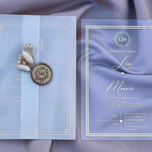 Acryleinladung, Hochzeitseinladung, Goldfoliendruck, Pergament-Shirt, Goldwachssiegel und Trockenblumen, Transparente Einladung,