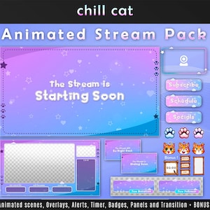 Chill Cat Stream Package for Twitch, full stream pack, cute overlays, OBS streampack, OBS stream overlay, Cute animated overlays