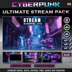 Pacote de transmissão Cyberpunk completo para Twitch, pacote de transmissão completo, pacote de transmissão roxo, pacote de transmissão roxo, sobreposição de twitch Cyberpunk