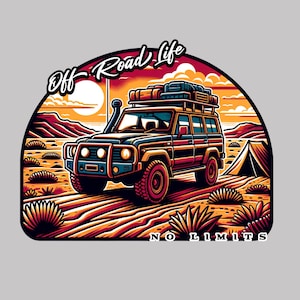 May include: A vintage off-road vehicle with a roof rack and luggage drives through a desert landscape. The vehicle is black with a red interior and has a sunset in the background. The text "Off-Road Life" is written in a stylized font above the vehicle. The text "No Limits" is written below the vehicle.