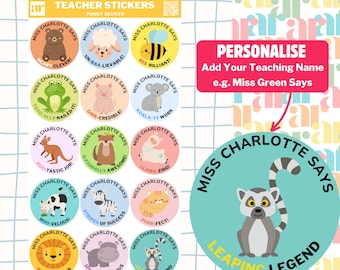 30 Personalised Teacher Merit Stickers | Custom Teacher Stickers, Animal Teacher stickers, Reward Stickers