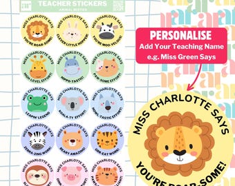 Personalised Teacher Stickers | Animal Stickers | Personalised Teacher Merit Stickers | Personalised Teacher Stickers | Fun Teacher Stickers