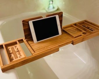 British Flag engraved bath caddy. Bamboo wood