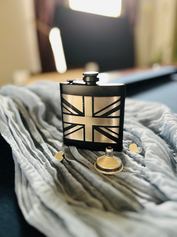 Flasque En Acier Inoxydable Avec Housse Cuir Marron Motif Drapeau Britannique