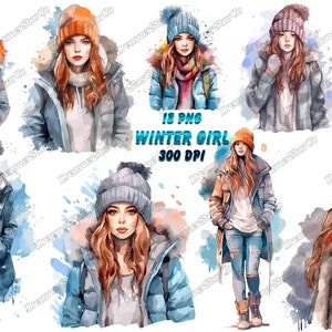 Chica de invierno, imágenes prediseñadas, diseño de camiseta, gorro de punto, pelo largo, acuarela, estilo acuarela, ilustración vectorial, DreamerStarCo