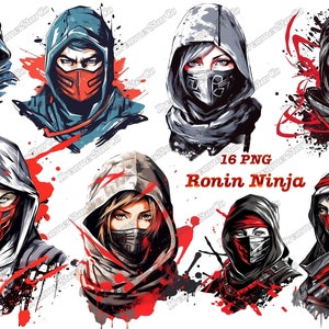 Ronin Ninja png, Ronin Ninja clipart, Vrouwelijke Ninja, Ronin Fashion, T-shirt design, aquarel, aquarel stijl, vectorillustratie, DreamerStarCo