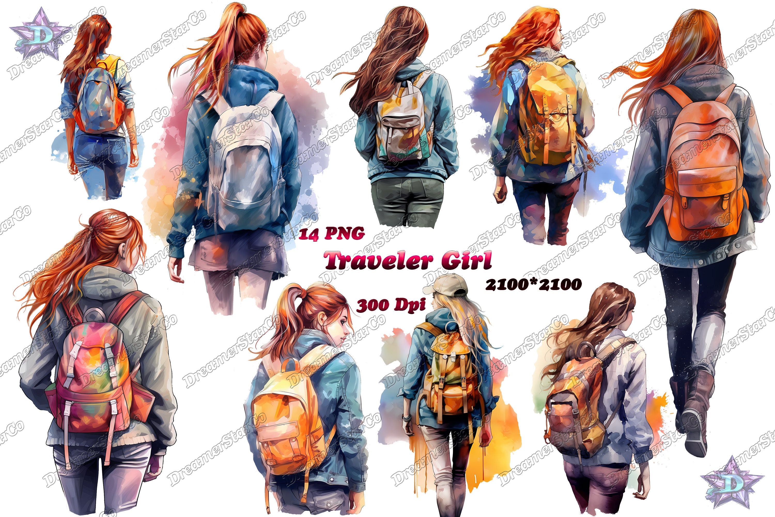 traveler girl,clipart,T-shirt design ,png,watercolor,watercolor style,vector illustration,DreamerStarCo