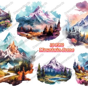 Scena di montagna, clipart scena di montagna, splendidi panorami, design t-shirt, acquerello, stile acquerello, illustrazione vettoriale, DreamerStarCo