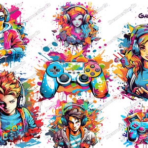 May include: A set of 14 digital illustrations featuring colourful gamer characters and game controllers with a paint splatter background. The text "14 PNG GAMER STYLE 300 DPI" is visible in the top right corner.