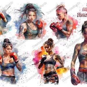 Può includere: Un set di 15 illustrazioni digitali ad acquerello di combattenti femminili in varie pose. Le combattenti indossano guantoni da boxe e hanno tatuaggi. Le illustrazioni sono in uno stile acquerello vibrante con schizzi di colore.