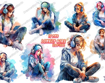 Lonely Girl,Alone Girl clipart,Listening to music,T-shirt design,watercolor,watercolor style,vector illustration,DreamerStarCo