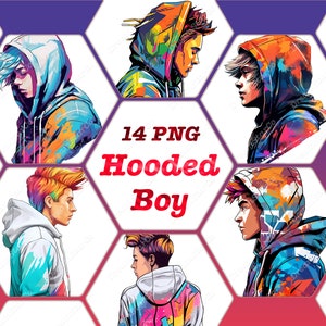 Puede incluir: Un conjunto de 14 ilustraciones digitales de niños con sudaderas con capucha de colores. Las ilustraciones son de estilo de dibujos animados y presentan una variedad de poses y expresiones. El texto "14 PNG Hooded Boy" se muestra en el centro de la imagen.