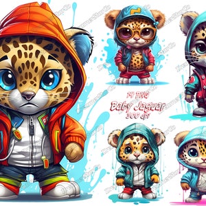 Clipart bébé jaguar, png bébé jaguar, mignon Kawaii, vêtements hip hop, style hip hop, conception de T-shirt, Splash art, style graffiti, DreamerStarCo