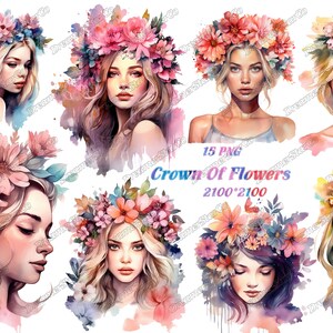 Corona di fiori,clipart,ragazza adolescente,design T-shirt,acquerello,stile acquerello,illustrazione vettoriale,DreamerStarCo