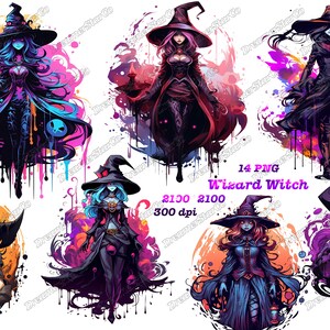 May include: A set of 14 digital illustrations of witches in various poses and styles. The witches are depicted with colourful backgrounds and intricate details. The illustrations are perfect for use in digital projects, such as websites, social media, and graphic design.