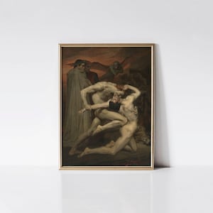 Dante and Virgil in Hell, Antique dark gothic artwork, Moody French art print, Renaissance painting, Home wall décor.