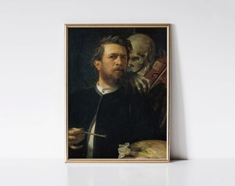 Self Portrait with Death Playing the Fiddle, Dark academia print, Gothic wall art, Memento mori.