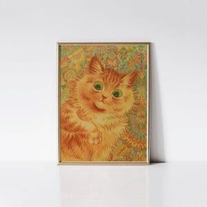 Ginger cat, Louis Wain print, Psychedelic cat art, Orange tabby cat wall art.