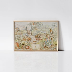 Peter Rabbit in vegetable garden, Beatrix Potter watercolor painting print, Vintage nursery wall art, Baby shower gift idea.