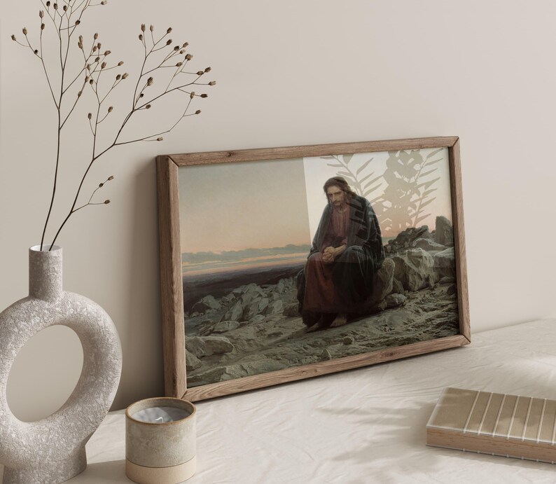 Christ in the Desert print, Biblical Jesus Christ painting, Jesus Fasting 40 days and 40 nights. image 4