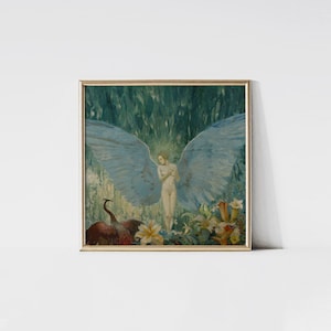 May include: A framed art print featuring a classical painting of a nude figure with large blue wings. The figure stands amidst flowers and foliage, with a bird in the foreground. The artwork has a gold frame.