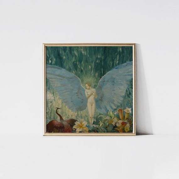 In Flowers 1930 Max Frey print, Vintage floral wall art, Feminine angel painting print, Boho beauty room decor, Art deco salon vanity.