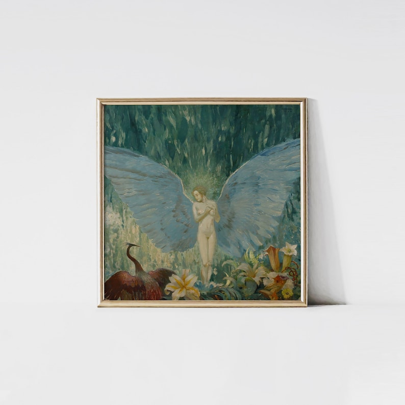 May include: A framed art print featuring a classical painting of a nude figure with large blue wings. The figure stands amidst flowers and foliage, with a bird in the foreground. The artwork has a gold frame.
