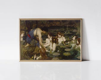 Hylas and the Nymphs 1896 by John William Waterhouse print, Victorian era Greek mythology painting.