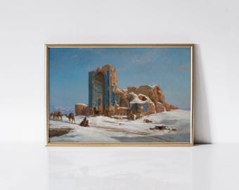 The Blue Mosque in Tabriz, Jules Laurens print, Islamic architecture print, Mosque painting, Snowy desert wall art.