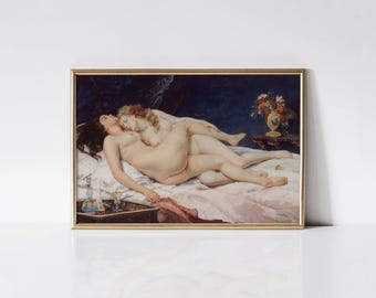 The Sleepers 1866 Gustave Courbet print, The Two Friends painting, Victorian era bedroom wall art.