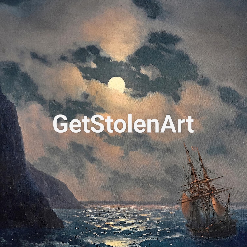 Passing Ship on a Moonlight Night, Ivan Aivazovsky print, Ship painting, Moonlit sky art, Seascape wall decor, Nautical wall art. image 5