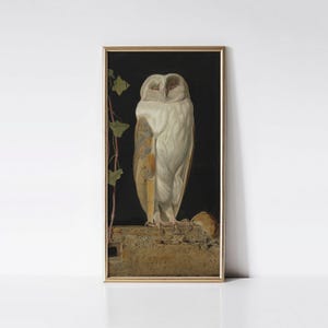 Vintage White Owl print, Antique farmhouse décor, Classic barn owl painting, Woodland wildlife wall art, Cottage art.