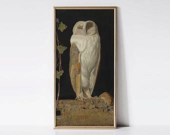 Vintage White Owl print, Antique farmhouse décor, Classic barn owl painting, Woodland wildlife wall art, Cottage art.