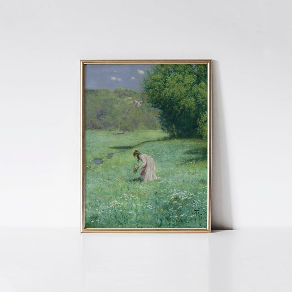 Waldwiese, Woodland Meadow print, Hans Thoma landscape painting, Cottage core wall art, Farmhouse style décor.