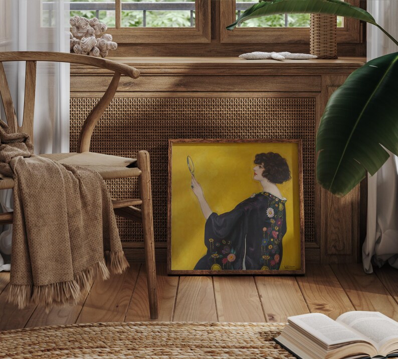 Woman with a Kimono in Profile, Vintage fashion print, Woman portrait painting, Bedroom wall art, Square wall art, Art Nouveau painting. afbeelding 8