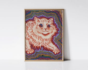 Electric Cat, Louis wain print, Psychedelic cat art, Funky colorful wall art.