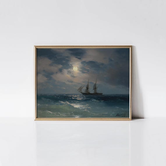 The Brig Mercury in Moonlight, Ivan Aivazovsky print, Ship painting, Moonlit sky art, Seascape wall decor, Nautical wall art.
