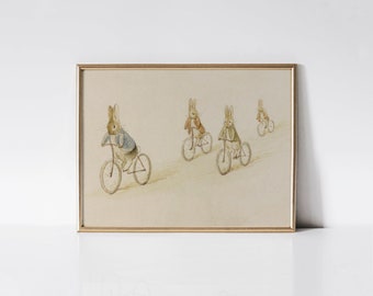 Peter Rabbit, Benjamin Bunny and friends on bicycles, Vintage bunny nursery wall art, Rabbit art print, Baby shower gift.