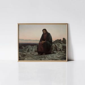 Christ in the Desert print, Biblical Jesus Christ painting, Jesus Fasting 40 days and 40 nights. image 1