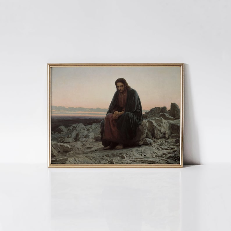 Christ in the Desert print, Biblical Jesus Christ painting, Jesus Fasting 40 days and 40 nights. image 1