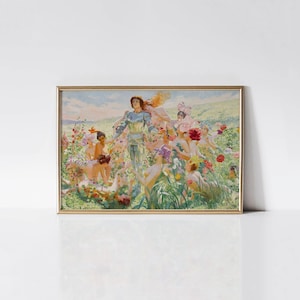 Knight of the Flowers print, Medieval flower nymphs painting.