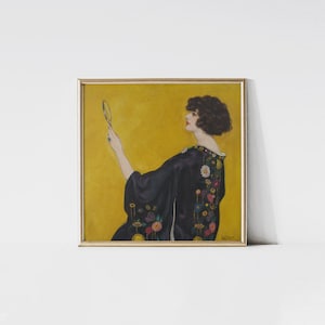 Woman with a Kimono in Profile, Vintage fashion print, Woman portrait painting, Bedroom wall art, Square wall art, Art Nouveau painting. afbeelding 1