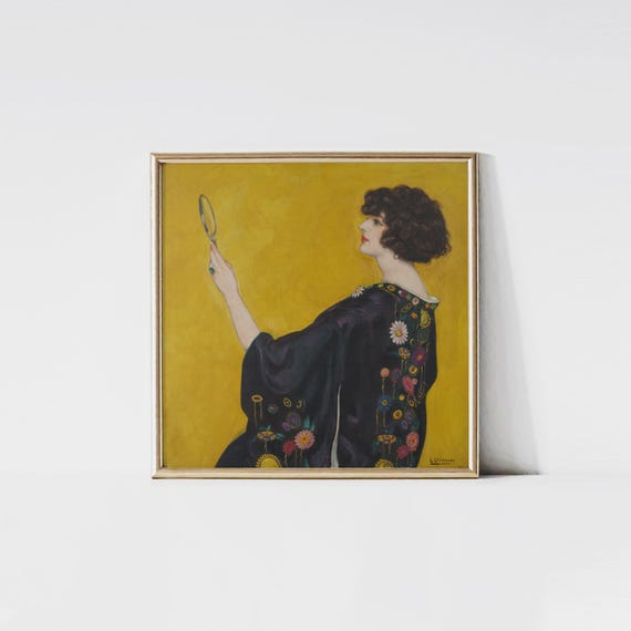 Woman with a Kimono in Profile, Vintage fashion print, Woman portrait painting, Bedroom wall art, Square wall art, Art Nouveau painting.