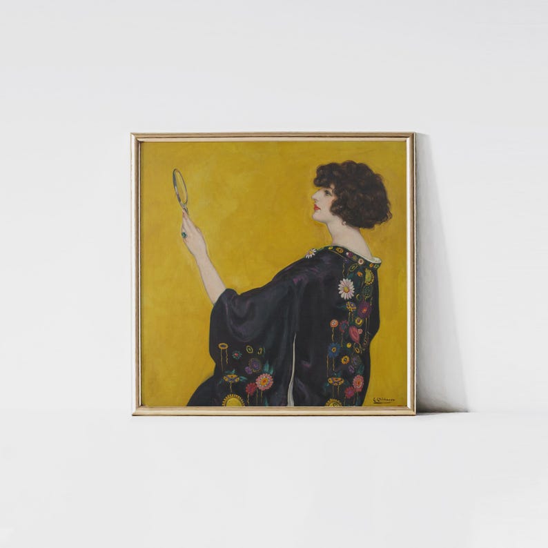 Woman with a Kimono in Profile, Vintage fashion print, Woman portrait painting, Bedroom wall art, Square wall art, Art Nouveau painting. afbeelding 1