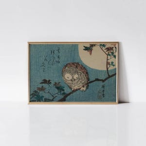 Small Horned Owl on Maple Branch Under Full Moon, Japanese art, Gift Idea, Ukiyo Poster, Japan art, Japanese wall art.