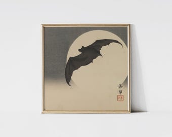 Bat Before the Moon, Vintage Asian wall art, Bat art print, Bat décor, Japanese poster, Moon art print, Dark art, Gothic art.