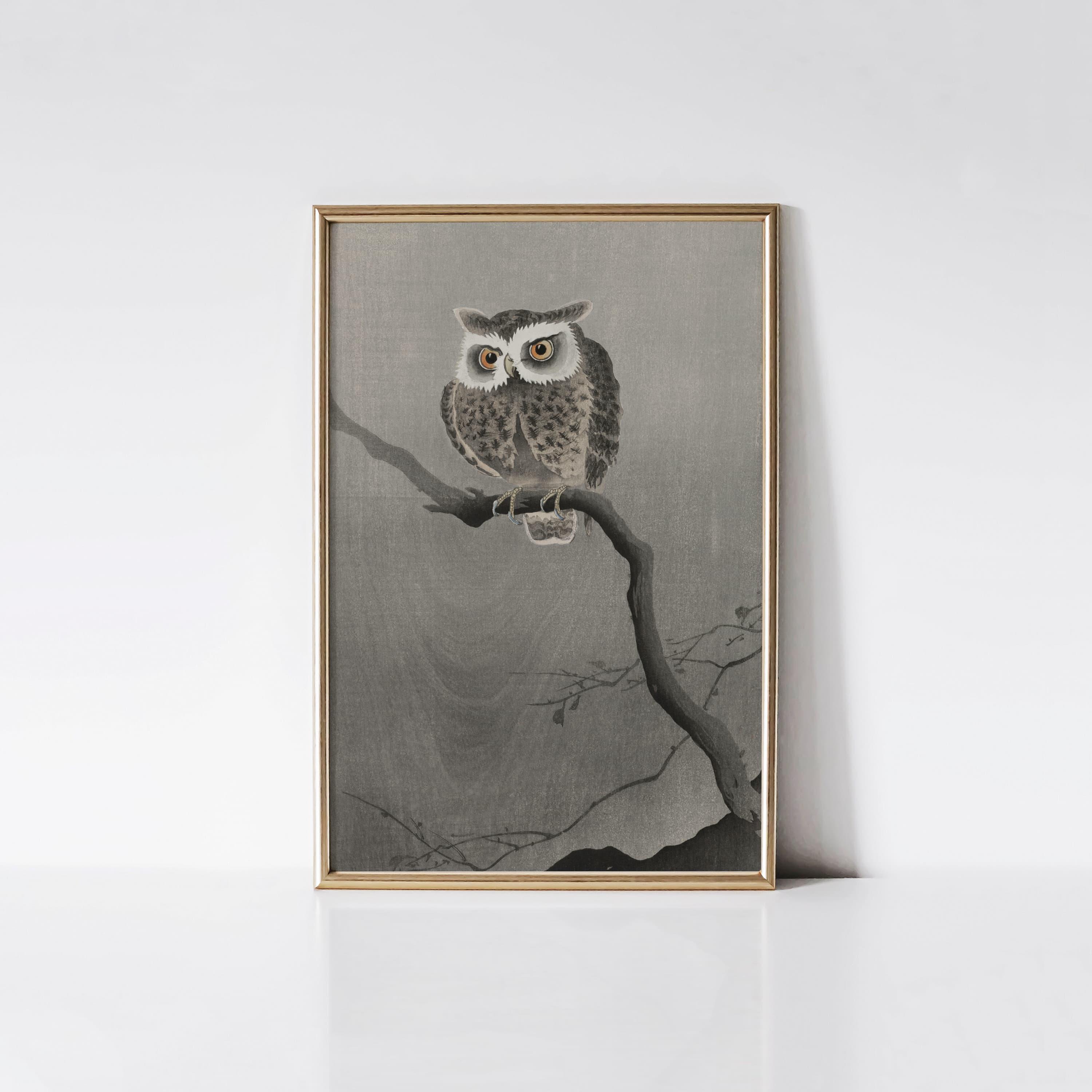 Owl on a Bare Branch, Ohara Koso print, Moody Japanese owl painting.